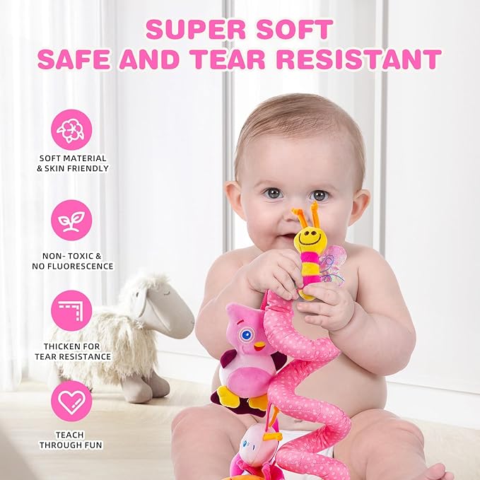 Jollybaby Crib Stroller Car Seat Toys for Baby 0-3-6-9-12 Months, Tummy Time Hanging Sensory Toys for Newborn with Music Box and Teether, Spiral Carseat Toy for Infant Boys Girls Gifts (13-Pink)