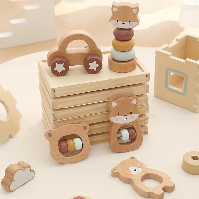 Freniland Wooden Montessori Toys, 5-Piece Wooden Baby Toys, Bear Wooden Baby Rattle, Fox Stacking Ring,Wooden Car Push and Pull Toys, Bear Grasping Toys,Newborn Baby Gift Sets for Boys and Girls
