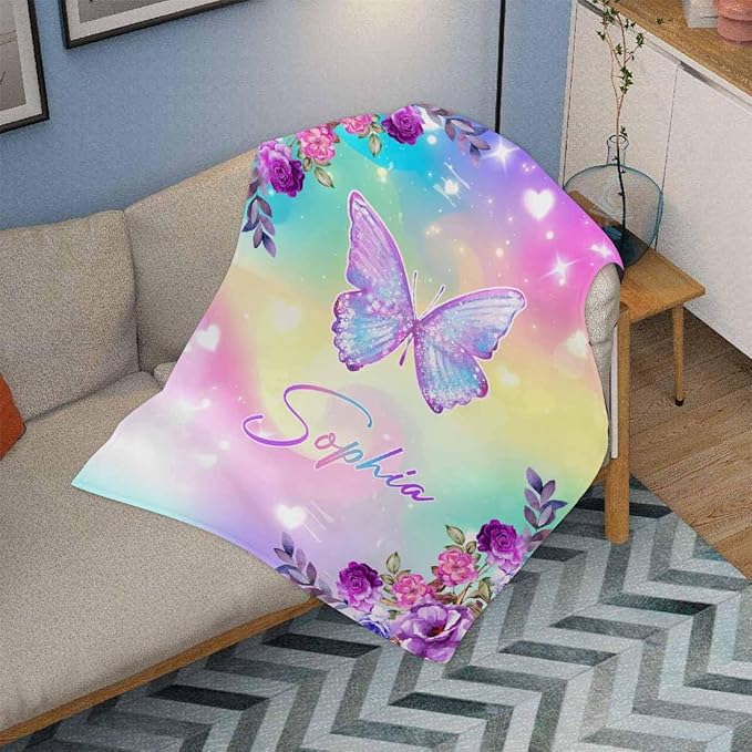 M YESCUSTOM Personalized Baby Blanket with Name, Shiny Butterfly Customized Blanket for Girls, Toddler, Newborn, Baby Shower, Christmas, Birthday