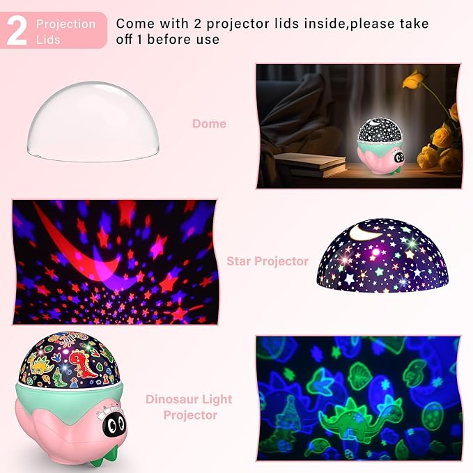Dinosaur Night Light Projector for Kids Room, Boy Girl Dino Lamp with 10 Soothing Music& Timer, Remote Control, Colorful Projection Effect, High Brightness, Birthday Gifts for Infant Baby