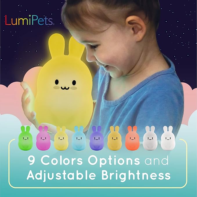 Lumipets Baxter The Bunny Squishy Night Light for Kids | Silicone Lamp with Tap & Remote Control | Rechargeable Color Changing Animal Night Light for Boys & Girls | Portable Nightlight with USB Cord