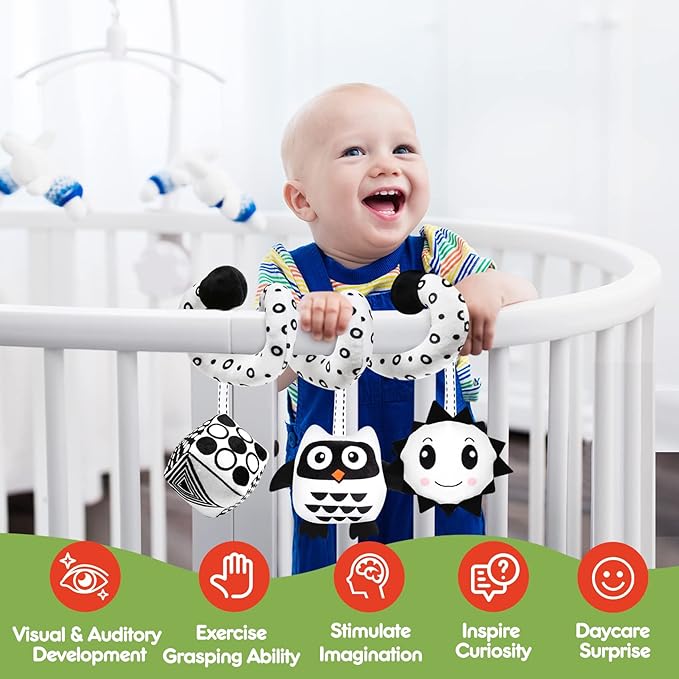 Baby Spiral Hanging Stroller and Car Seat Toys Black and White High Contrast Sensory Toy Newborn Plush Activity Toys Party Favors Quality Gifts for Baby Shower -OWL