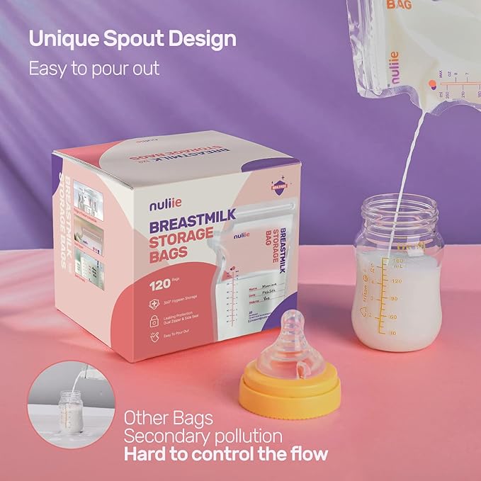 Nuliie 120 Pcs Breastmilk Storage Bags, 8 OZ Breast Milk Storing Bags, BPA-Free, Milk Storage Bags with Pour Spout for Breastfeeding, Self-Standing Bag, Space Saving Flat Profile