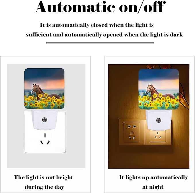 Sunflower Farm Animal Horses Night Light,Plug Into Wall with Dusk to Dawn Light Sensors, Warm Nightlights for Bedroom, Bathroom, Hallway, Kitchen, Gifts Ideal for Boys Girls Women Men