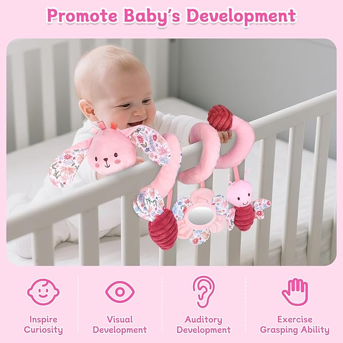 Hanging Car Seat Toys, Spiral Crib & Stroller Activity Toys with Rattles for Babies 0-6 Months, Baby Car Seat Accessories Toy for Developing Sensory & Motor Skills, Gift for Newborn Infant - Rabbit