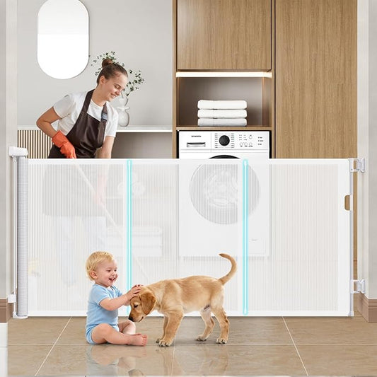 71'' Retractable Baby Gates Extra Wide for Stairs, 42" Tall White Mesh Dog Child Pet Safety Indoor Outdoor Retractable Gate for Doorways, House, Hallway, Deck with Reinforcement Strips
