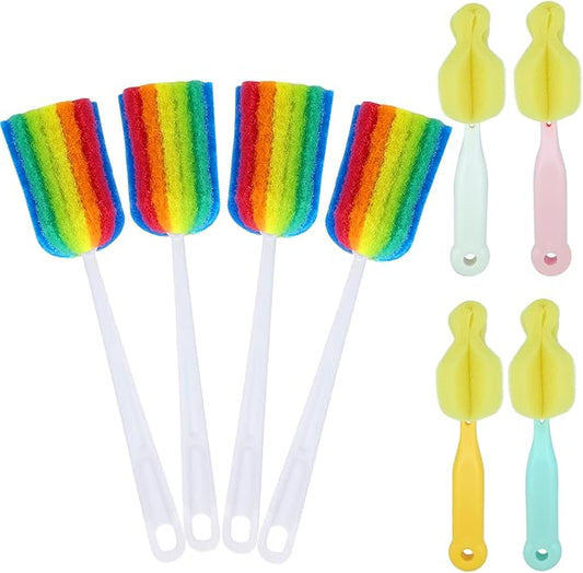 Bottle Brush Cleaner 4PCS Sponge Cleaning Brushes Long Handle Scouring Pad Scrub Brushes for Kitchen Clean Baby Bottle Glasses Mugs Cups (4 Colorful Brush+4 Nipple Brush)