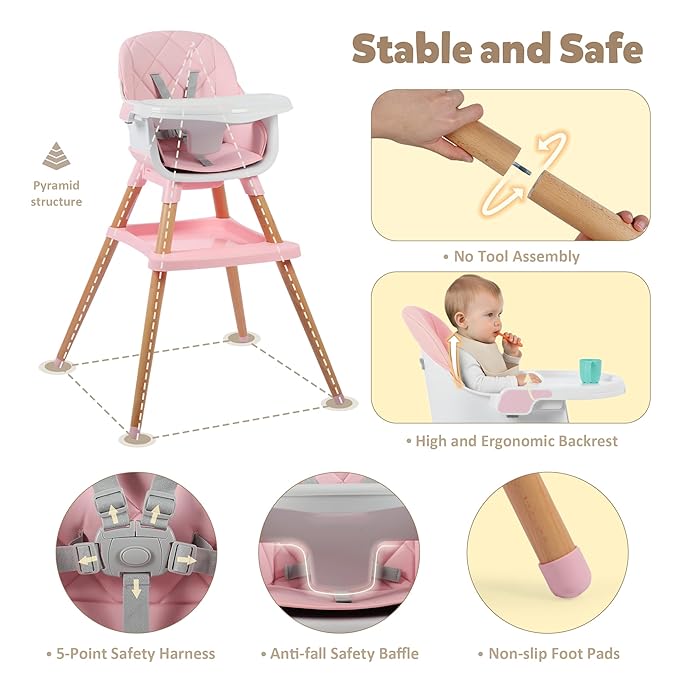 8 in 1 Wooden High Chairs for Babies Toddlers, Convertible to Booster Seat, Baby Feeding Highchair w/ 5-Point Safety Harness, Removable Tray & Cushion, Pink