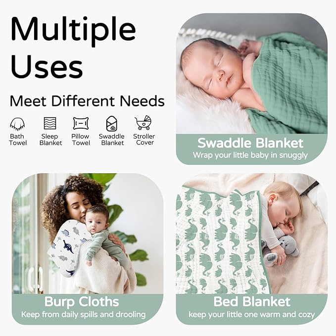 Yoofoss Hooded Baby Towels for Newborn 2 Pack 100% Muslin Organic Cotton Baby Bath Towel with Hood for Babies, Infant, Toddler and Kids, 32x32Inch, Soft and Absorbent Newborn Essential, Green Elephant