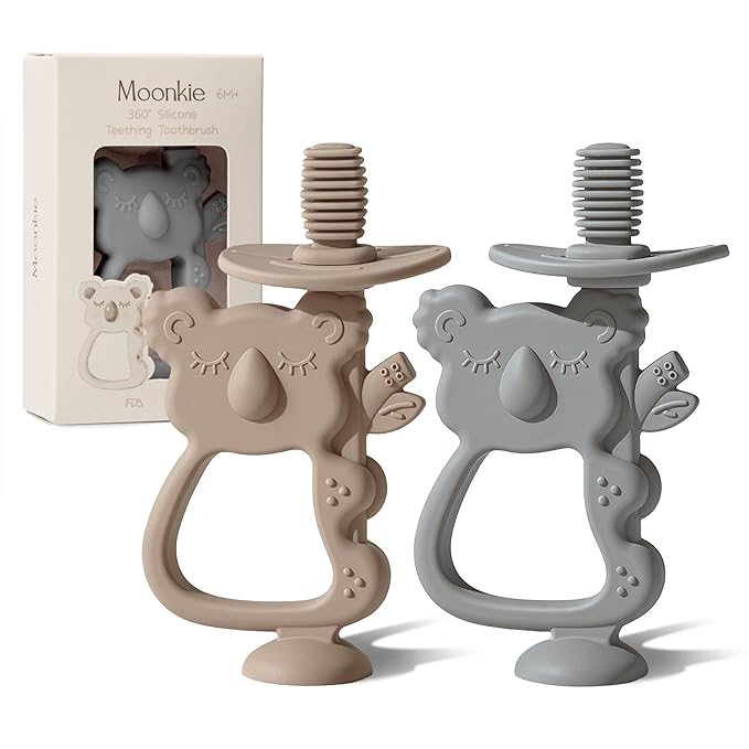 Moonkie Teething Toy Set of 2, Safe & Easy to Hold BPA Free Silicone Teethers, 360° Baby Toothbrush with Suction Base, Teether Toys Best for Babies 6-12 Months (Koala Warm Taupe/Lunar Grey)