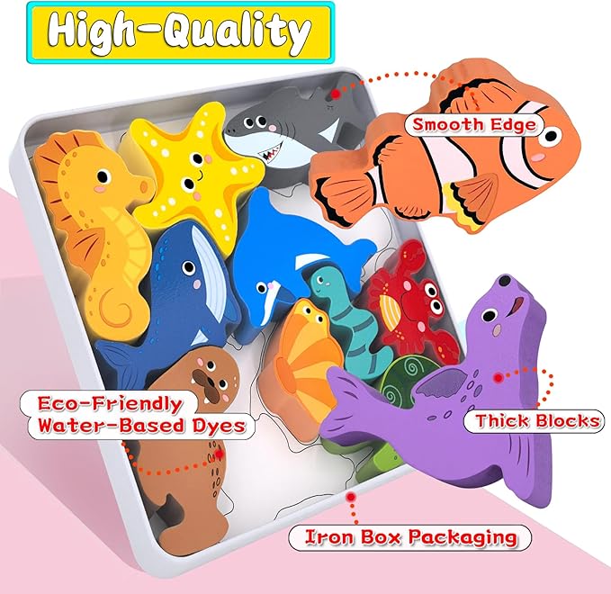 Wooden Animal Puzzles Toys for Toddlers,12 Pcs Sea Animals Figures,Animal Matching Sorting Stacking Toy for Boys Child Girls,Educational Learning Toys Gift for Kids