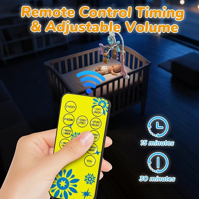 Crib Mobile with Music and Lights, Baby Mobiles for Cribs, Nursery Mobile Arm Hanging Toys for Bassinets Girls Boys Babies, Musical Infant Space Portable Mobiles Clip On Pack and Play Hanger