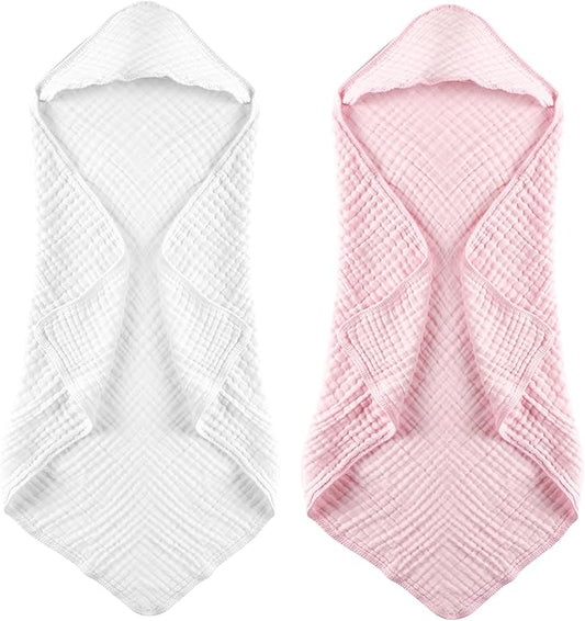 MUKIN Baby Hooded Towels, Muslin Cotton, 2-Pack, for Newborn, Infant, Toddler and Kids (White,Pink)