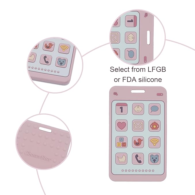 Soft Silicone Phone Shape Teether Boys Girls Baby Molar Teether Chew Toys, Teething Toy (Pink)