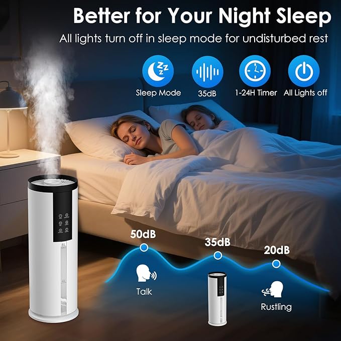 Humidifiers for Large Room 550 ft² - GloryAir 8L Cool Mist Humidifier for Bedroom Home Plants Baby, Top Fill, 120H Runtime, 4 Mist Spray Levels, 7-Color Light, 35dB Quiet Humidifier