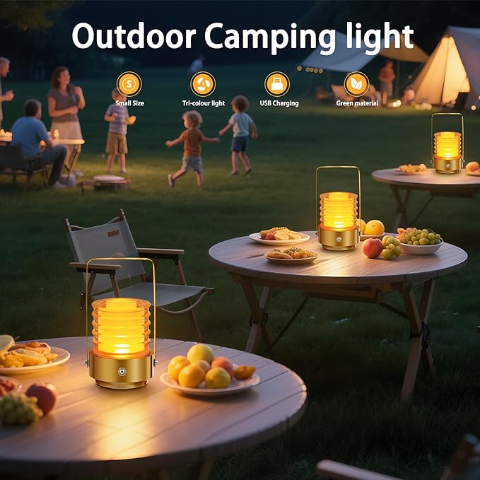 Outdoor Portable Table Lamp, 3 Colors Rechargeable Cordless LED Desk Lamp, Battery Operated Stepless Dimmable Touch Night Light, Small Lamp for Nightstand Bedside Bedroom Bar Camping Patio (Gold)