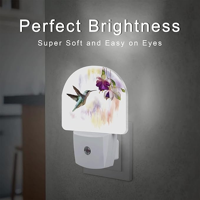 Hummingbird Flowers Night Light for Kids,Groovy Cute Bird Floral Night Light Plug in with Dusk to Dawn Sensor,0.5w Energy Saving Sleep Friendly Nightlight for Hallway Stairway Kitchen Bedroom