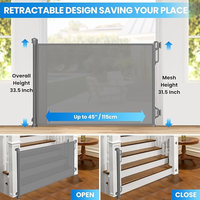 Retractable Safety Baby Gate or Mesh Dog Gate,Durable Portable Mesh Retractable Gate,Easy to Use for Stairs, Doorways, Hallways, Indoor, Outdoor, 33.5" Tall, Up to 45" Wide, Gray