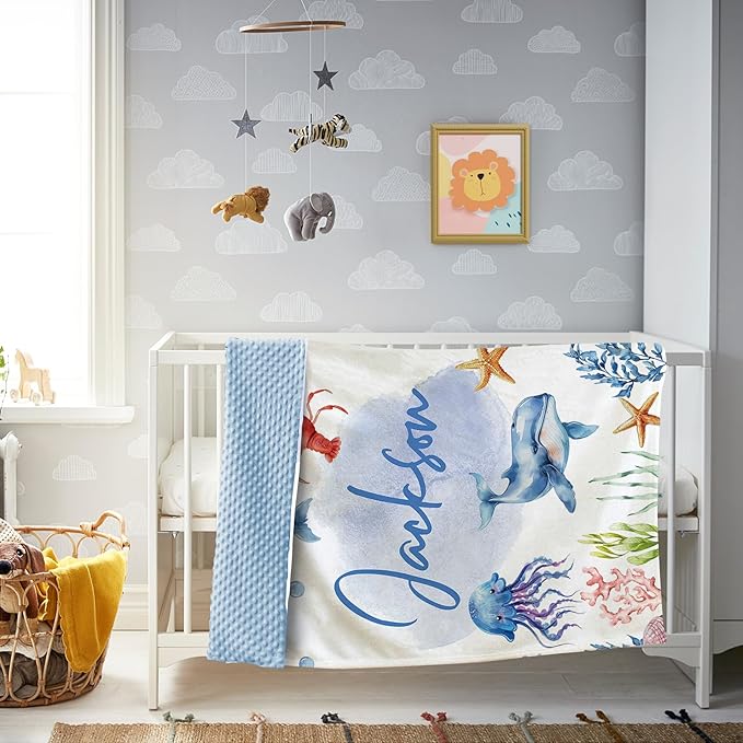 Custom Sea Animals Baby Blanket with Name, Personalized Baby Name Blanket for Toddler Infant, Double Layer Receiving Swaddle, Customized Gifts for Newborn Shower Birthday Expect Mom(47"x60")