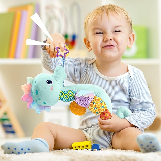 LIGHTDESIRE Baby Toys Musical Seahorse,Infant Stuffed Animal Toys with Crinkle and Rattles,Soft Sensory Toys with Textures for Tummy Time Newborn Boys Girls 0 3 6 12 Months(Blue)