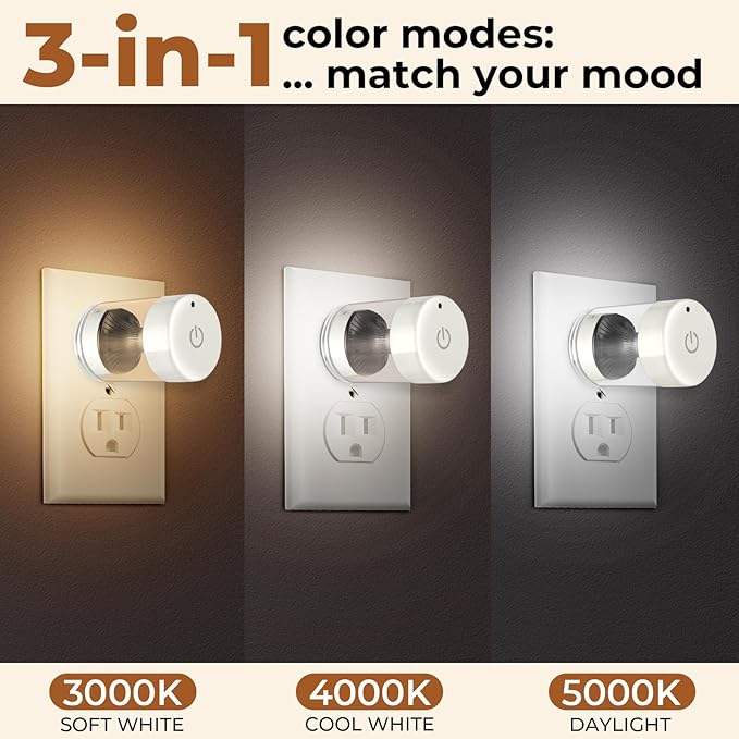 LED Night Lights,Dimmable Night Lights Plug into Wall with Dusk to Dawn Sensor,Touch Control 3-Color Temperature (3000K/4000K/5000K),Adjustable Brightness 100%-10%, for Bathroom,Nursery,Hallway,2 Pack