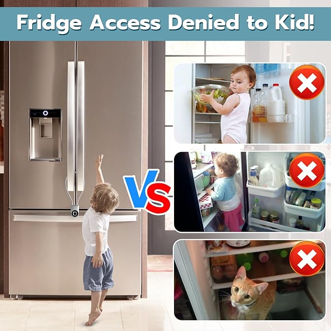 Fingerprint Cable Lock, Fridge Lock with Fingerprint Bluetooth APP Control, Smart Biometric Waterproof Child-Proof Refrigerator Locks for Kids & Adults Fridge French Door Cabinet Gate