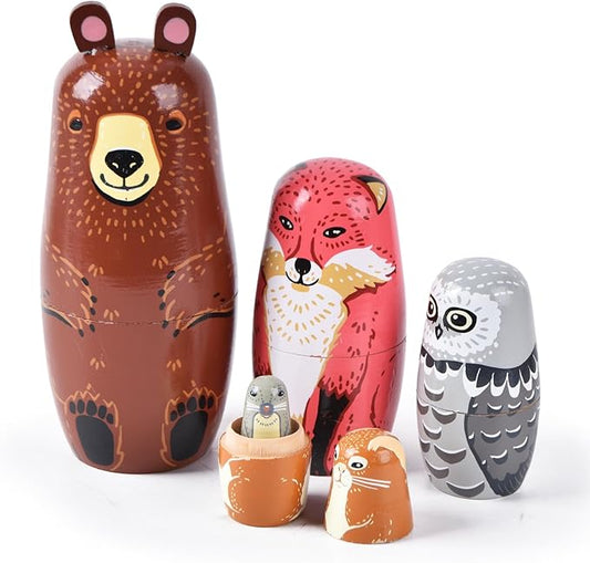 Russian Nesting Dolls, 5 Pcs 6 "Tall Animal Nesting Easter Eggs Toys, Stacking Wooden Handmade Matryoshka Dolls for Kids Toddlers Birthday or Home Decoration Gift (Bear)