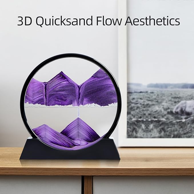 Moving Sand Art Liquid Motion, 3D Deep Sea Sandscape Color Quicksand Decor, Round Glass Moving Sand Art Picture Relaxing Desktop Home Office Work Decor (Purple, 12 inch)