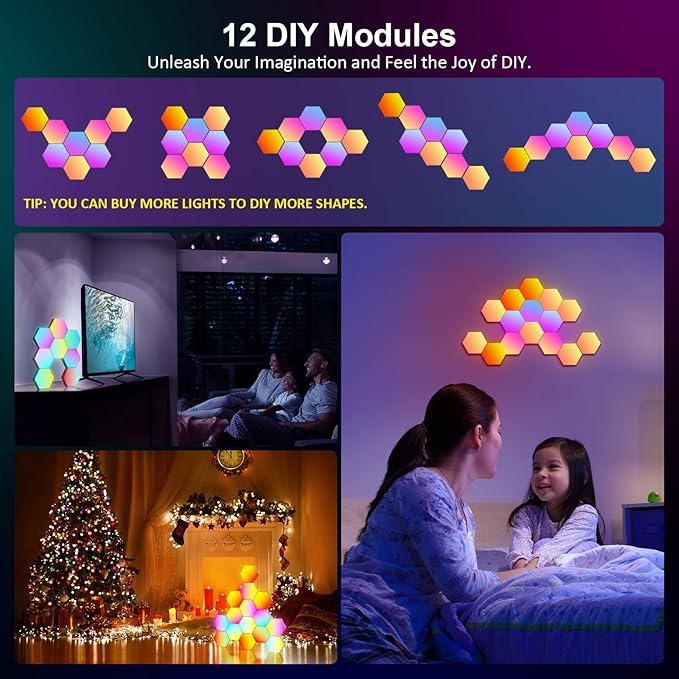 OJQ 12 Pack Hexagon Lights Wall RGB Panel - Hexagonal Led Lights Room Decor Wall Lights Smart APP Music with Sync Honeycomb Shape Panels Hexagon Gaming Lights for Bedroom Children