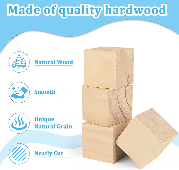 Wood Blocks for Crafts, 6 PCS 2 Inch Unfinished Wood Cubes, Natural Wooden Square Blocks, Unfinished Craft Wooden Squares for Arts and Crafts, Painting, Puzzle Making, DIY Projects