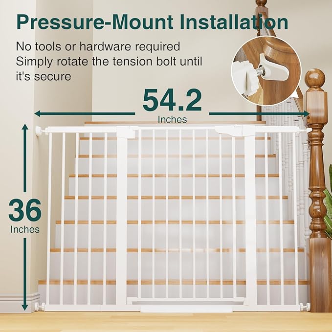 Cumbor 36" Extra Tall Baby Gate for Stairs, 29.7-54.2" Extra Wide Dog Gate for Doorways Hallways, Pressure Mounted Child Gate for Wide Opening, Auto Close Personal Safety for Babies and Pets, White