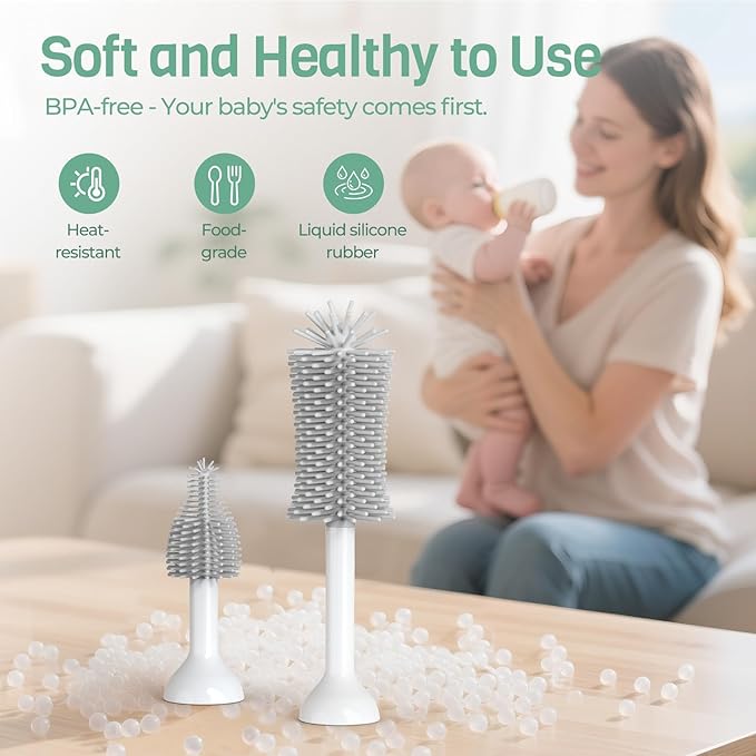 SEANCHEER S02 Electric Bottle Brush Set, Portable Baby Bottle Brush Cleaner, AA Battery-Powered & IPX7 Waterproof, with Silicone Bottle/Nipple/Straw Brush, for Home & Travel (Gray)