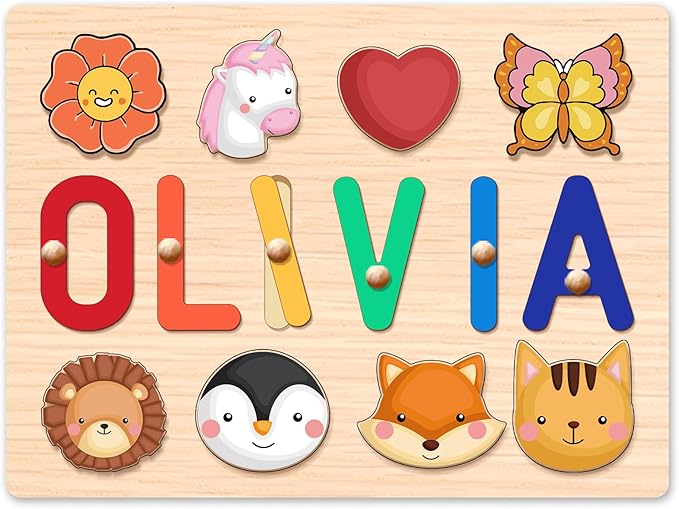 Personalized Wooden Name Puzzle for Toddlers 1-3 - Custom Baby Sensory Toy Easter Basket Stuffers - Early Learning Educational Toys for 1 Year Old Girl - 1st Christmas Birthday Gifts for Girl and Boy