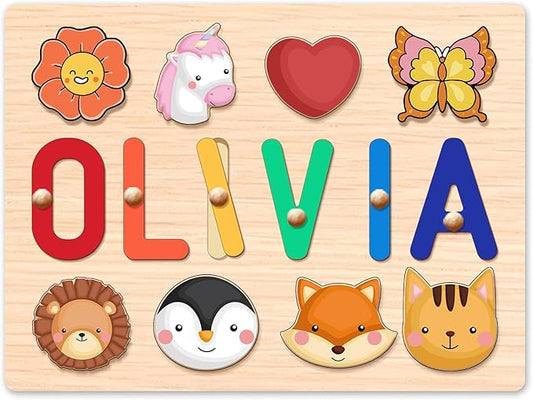 Personalized Wooden Name Puzzle for Toddlers 1-3 - Custom Baby Sensory Toy Easter Basket Stuffers - Early Learning Educational Toys for 1 Year Old Girl - 1st Christmas Birthday Gifts for Girl and Boy