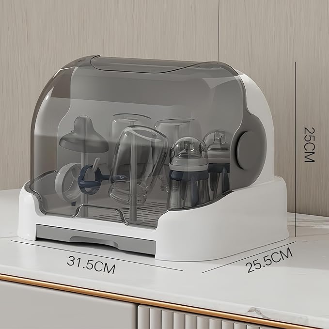 Baby Bottle Drying Rack Storage, Nursing Bottle Storage Box Organizer with Cover, Portable Kitchen Cabinet Organizer, Durable countertop Dryer (Grey)