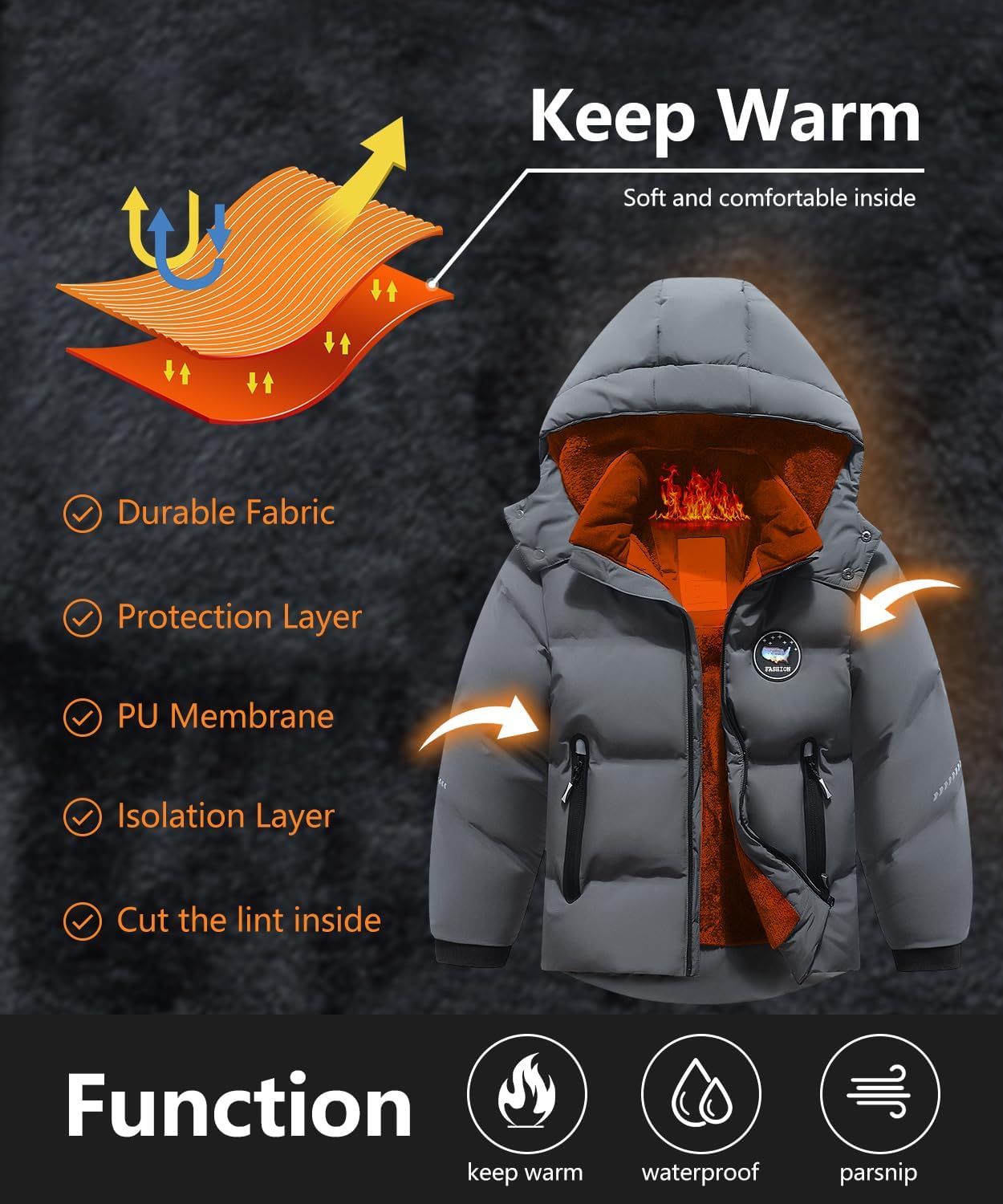 Kids Boy's Winter Coat Fleece Lined Waterproof Jacket Puffy Cotton Coat Thick Hooded Down Outdoor Coats