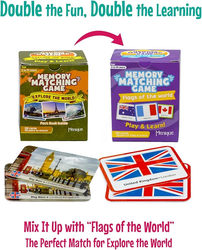 Menique Explore The World Memory Matching Game – 100 Cards (50 Pairs) with Famous Landmarks from 50 Countries – Includes Flag, Country & Place – Educational Geography Game + Informative Booklet
