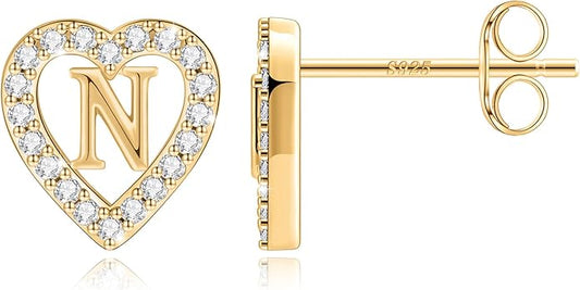 Anoup Christmas Gifts for Grandkids Girls Earrings - S925 Sterling Silver Post CZ Hypoallergenic Stud Heart Initial Earrings for Women Kids Jewelry Stocking Stuffers for Teen Girls Birthday Gifts