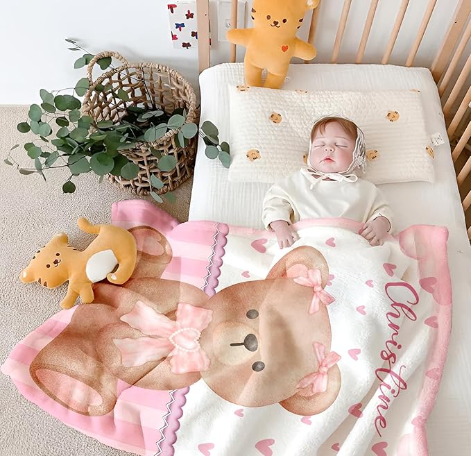 Personalized Baby Blanket for Girls, Custom Baby Blanket with Name, Soft Cozy Personalized Name Blankets for Kids, Customized Bear Blanket for Infant Toddler Birthday Christmas