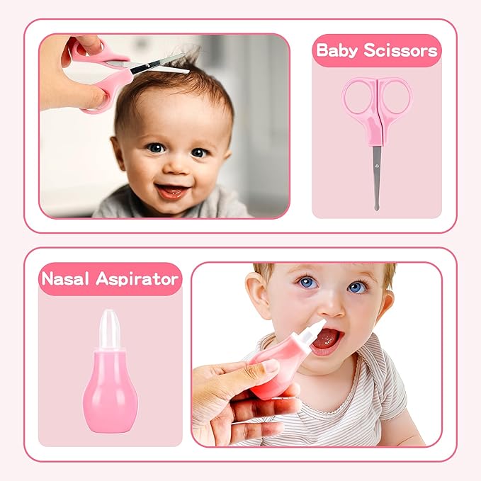 Baby Grooming Kit, Infant Safety Care Set with Hair Brush Comb Nail Clipper Nasal Aspirator,Baby Essentials Kit for Newborn Girls Boys(13 Pc Pink Kit)