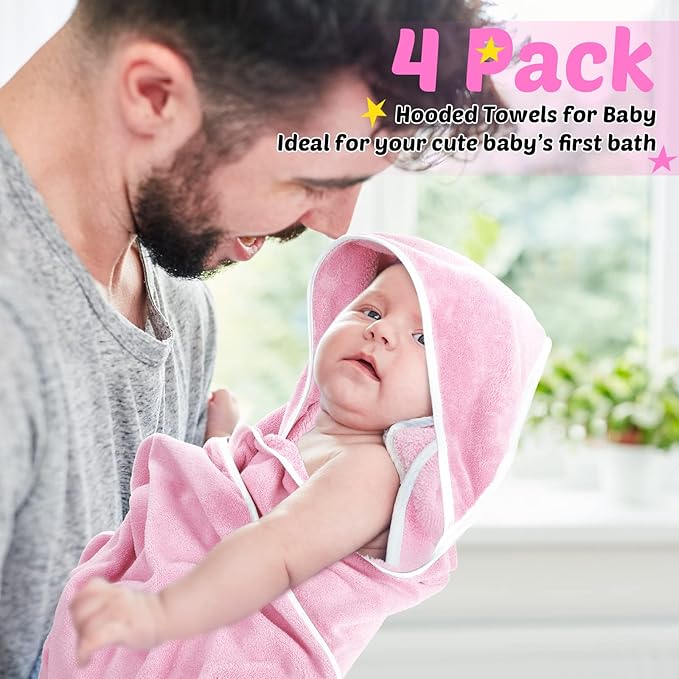 Reginary 4 Pack Baby Hooded Towels Coral Fleece Baby Bath Towels 30 x 30 Inch Soft Absorbent Hooded Bath Blanket for Newborn Toddler Infant Boy Girl Shower Gift Supplies (White, Pink)