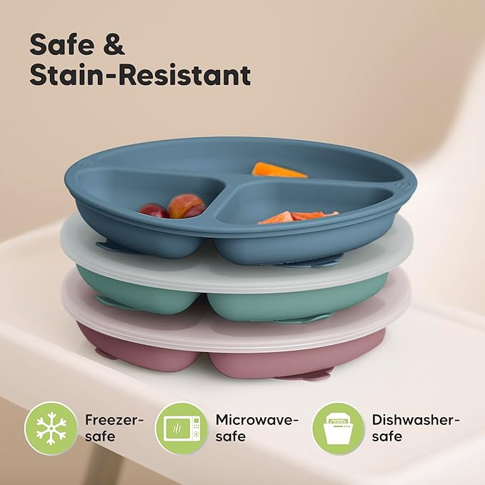 KeaBabies Suction Plates with Lids for Baby - 3-Pack 100% Silicone Toddler Plates with Suction, Divided, BPA-Free Baby Led Weaning Essentials for Kids, Dishwasher, Microwave Safe, Durable (Quantum)