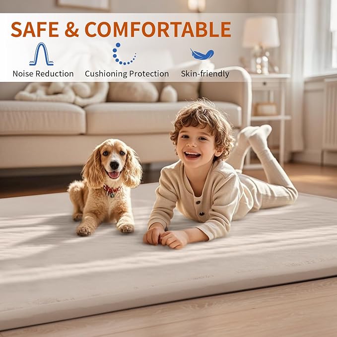 ACOMOPACK Baby Play Mat for Floor,1.3" Thick Memory Foam Area Rug for Living Room,Soft Velvet Crawling with Non-Slip Bottom for Kid,Toddler,39"×59" Tummy Time Nursery Rugs,Yoga（Beige）