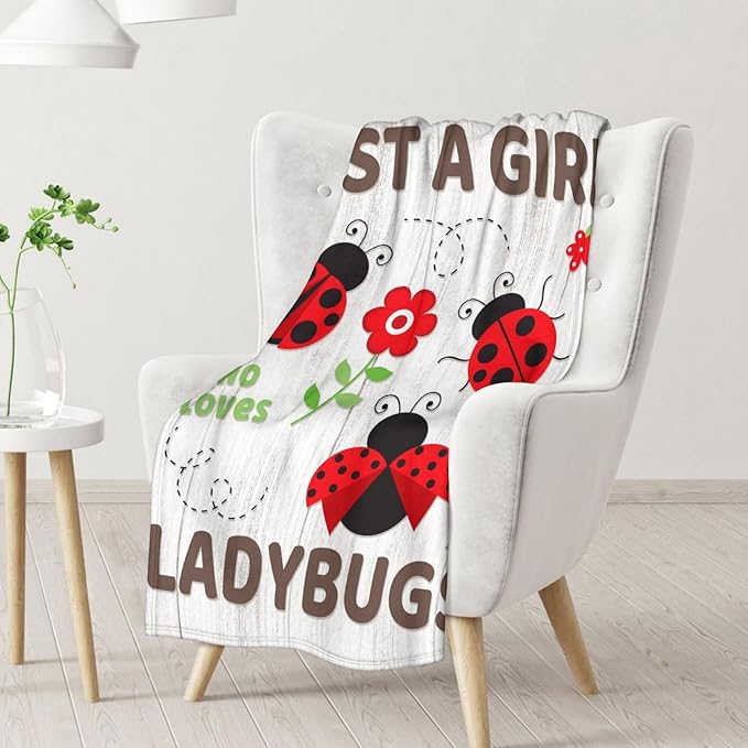Ladybug Gifts for Kids - 30 x 40 Inches Cute Lady Bug Blanket for Girls - Grey Plush Warm Decor for Crib, Lap