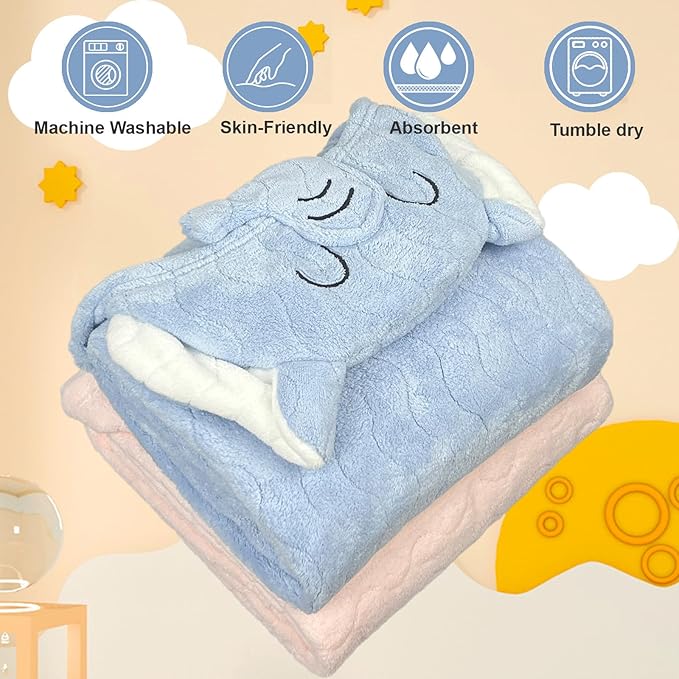 Hooded Baby Towels 2 Pack Coral Fleece, Luxuriously Thick Hooded Towels Soft Shower Bath Towel for Newborn, Infant, Toddler (Blue & Pink)