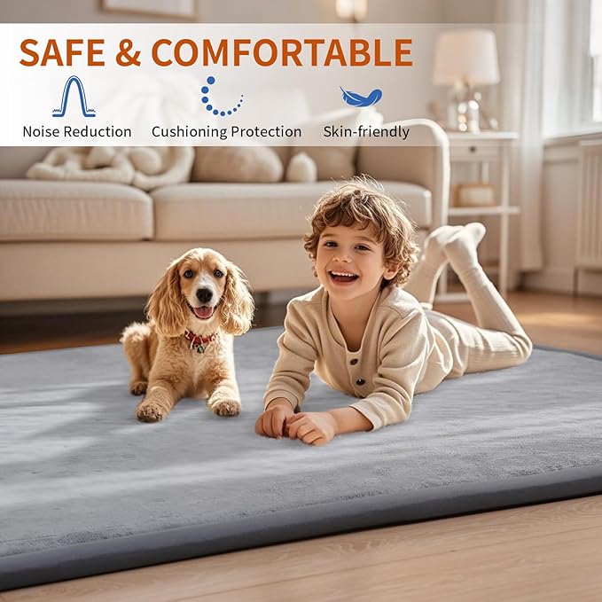 ACOMOPACK Baby Play Mat for Floor,1.3" Thick Memory Foam Area Rug for Living Room,Soft Velvet Crawling with Non-Slip Bottom for Kid,Toddler,79"×157" Tummy Time Nursery Rugs,Yoga（Dark Grey）