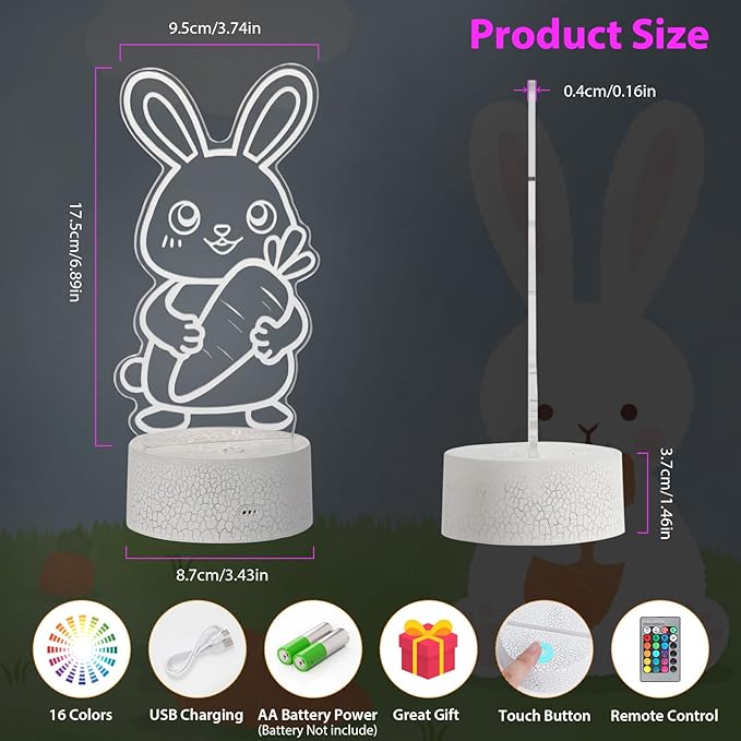 Cute Rabbit Night Light,Bunny 3D Lamp Girls Room Decor 16 Colors Changing for Kids Gifts for Christmas Birthday