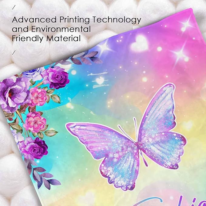 M YESCUSTOM Personalized Baby Blanket with Name, Shiny Butterfly Customized Blanket for Girls, Toddler, Newborn, Baby Shower, Christmas, Birthday