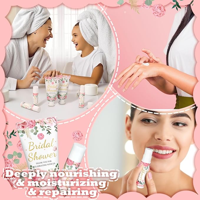 24 Sets Hand Cream and Lip Balm Gift Bridal Baby Shower Party Supply Travel Size Hand Lotion and Lip Balm Bulk with Organza Bag and Tag Wedding Baby Shower Party(Cherry,Floral)