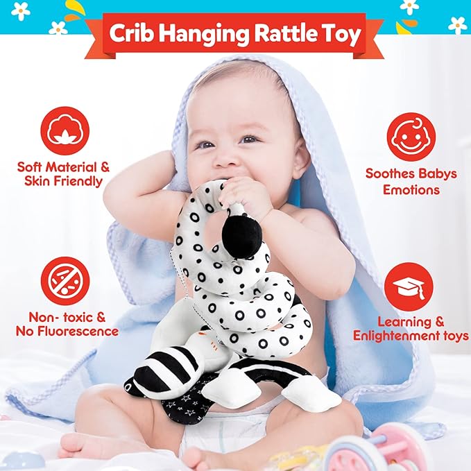 Baby Spiral Hanging Stroller and Car Seat Toys Black and White High Contrast Sensory Toy Newborn Plush Activity Toys Party Favors Quality Gifts for Baby Shower -BEE